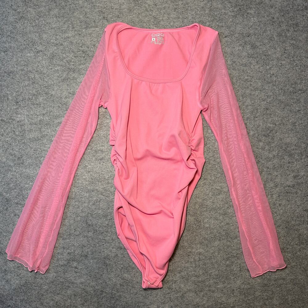 OQQ Women's Pink Bodysuit Size S Mesh Sleeve Ruched Side Athletic Top